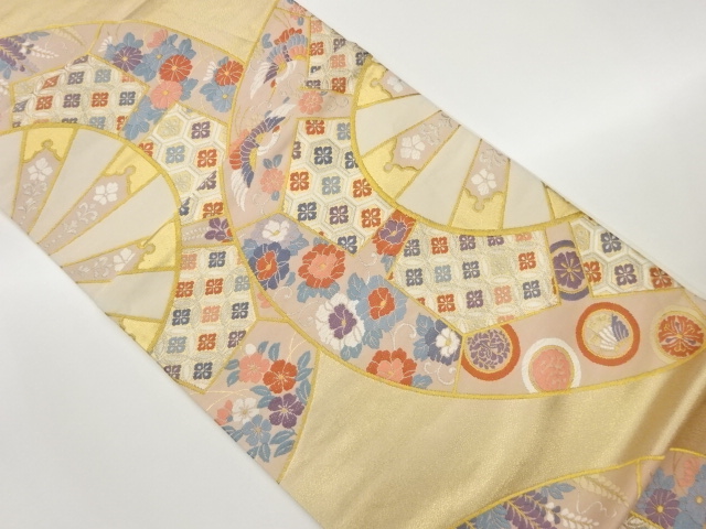 源氏車に鶴・花々・古典柄模様織出し袋帯